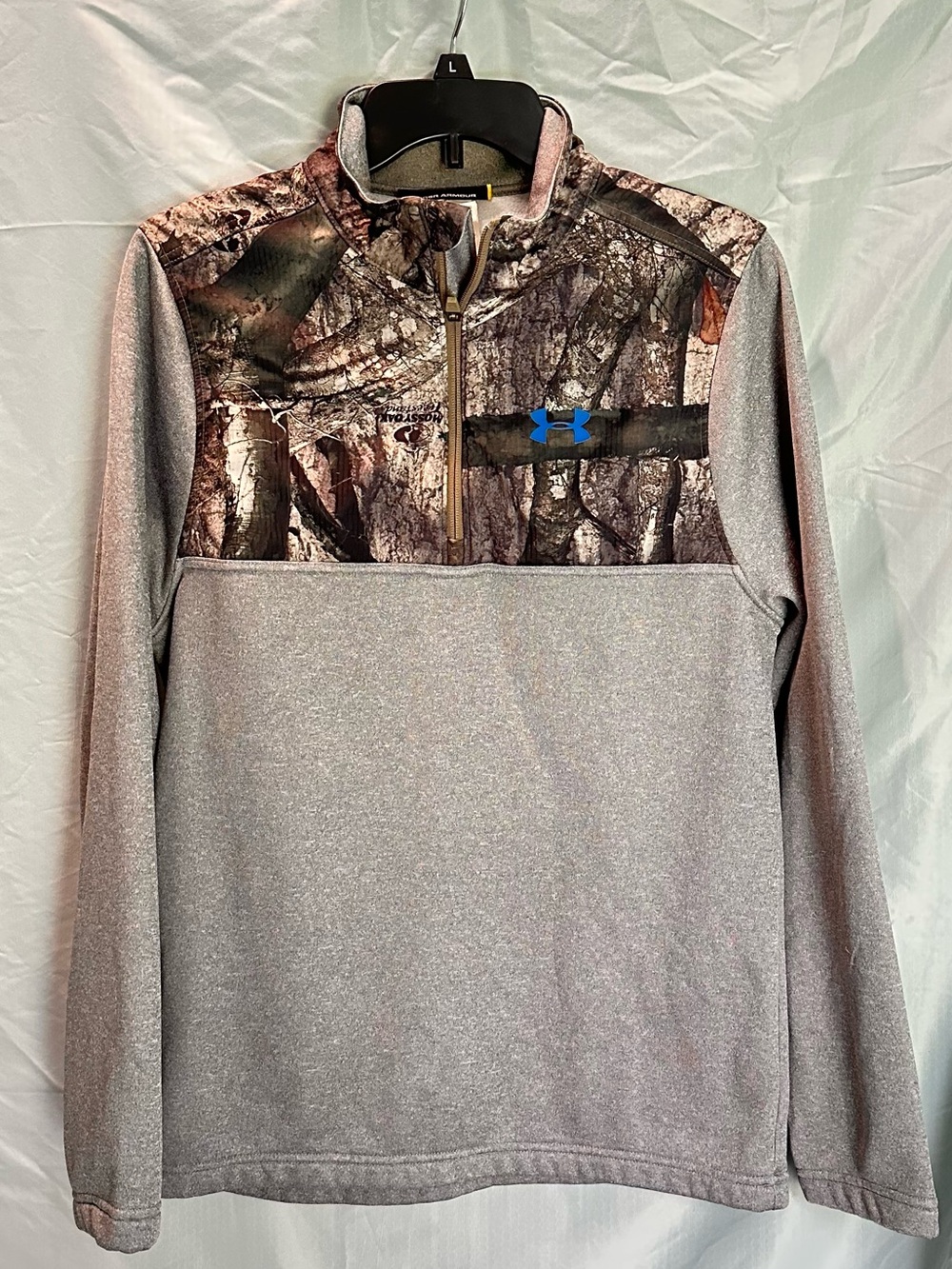 Under Armour Gray Pullover with Camo Yoke and Blue Logo